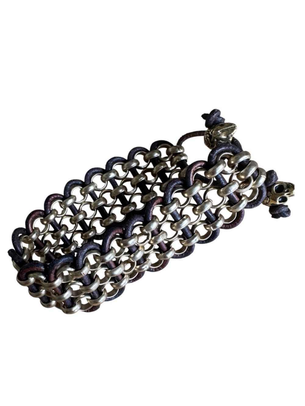 Handwoven Leather & Gold Chain Skull Bracelet Adjustable Boho Gothic